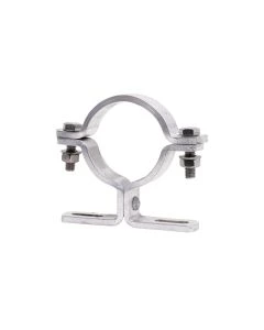 Rohrschelle Typ AR 307 aus Aluminium für Pfosten Ø 76,1 mm, mit 70 mm Lochabstand und seitlichen Schrauben und Muttern – robuste Befestigungsschelle für Verkehrstechnik.