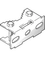 Technische Zeichnung der Maxlae-Schelle – vielseitige Befestigungsschelle für Rohre, Masten und Transparente mit variablem Lochabstand 50–80 mm.